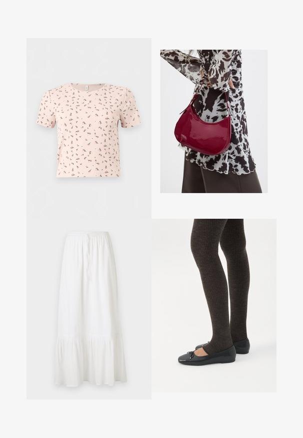 Crop top court à manches courtes rose clair en tissu côtelé, avec un petit motif floral rose foncé dispersé et un col rond.; Jupe blanche, longueur genou, fabriquée en tissu léger avec une taille élastique et un cordon de serrage. Elle présente un ourlet volanté et une texture subtile.; Jambes portant des leggings côtelés foncés associés à des ballerines noires avec de petits détails en nœud sur fond blanc.; Femme portant un chemisier à motif noir et blanc tenant un sac à main rouge brillant sur un fond uni.