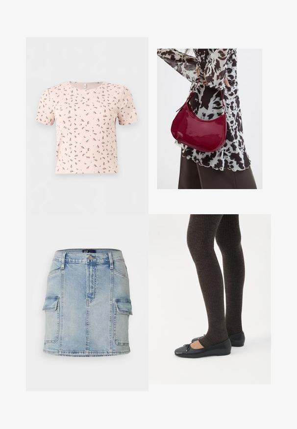 Lyserød kortærmet ribbet crop top med lille spredt mørk pink blomsterprint og rund halsudskæring.; Lysblå denim-nederdel med to forreste cargo-lommer, knap- og lynlåslukning samt lige form. Slidestruktur over hele nederdelen.; Ben iført mørke ribbede leggings kombineret med sorte balletsko med små sløjfedetaljer på hvid baggrund.; Kvinde iført en sort- og hvidmønstret bluse, der holder en blank rød skuldertaske mod en ensfarvet baggrund.