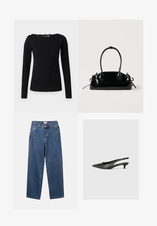 Zwarte top met lange mouwen van ribbelstof. Heeft een gekartelde kanten halslijn. Eenvoudige, strakke pasvorm met rechte zoom.; Klassieke blauwe denim jeans met een rechte pijp, vijf zakken en een knoopsluiting. Heeft een middelgrote wasbeurt en stevige textuur.; Zwarte puntschoen met slingback van soepel leer. Kenmerkt zich door een dunne hak en een gespdetail op de verstelbare band.; Kleine zwarte glanzende handtas met twee lange hengsels en zijkant trekkoord details op een effen lichte achtergrond.
