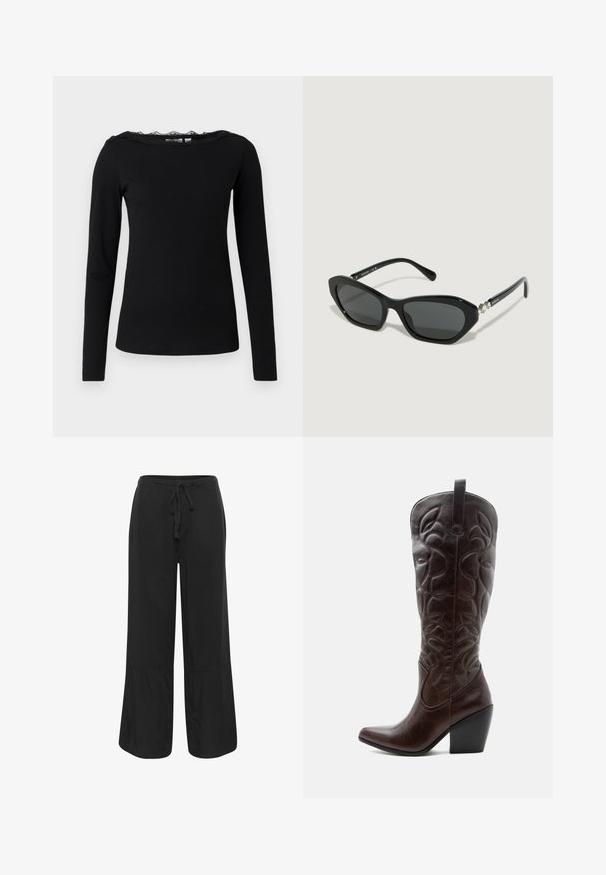 Sort langærmet top lavet af ribbet stof. Har en scalloped blonde halsudskæring. Enkel, tætsiddende silhuet med lige afslutning.; Culture CUNAVI CLARINA - Bukser - black; Høj mørkebrun læder cowboystøvle med syede dekorative mønstre, spids tå og stablet blokhæle.; Sorte katteøje-solbriller med mørke glas, en blank plastisk ramme og sølvfarvede detaljer på stængerne med dekorative elementer.
