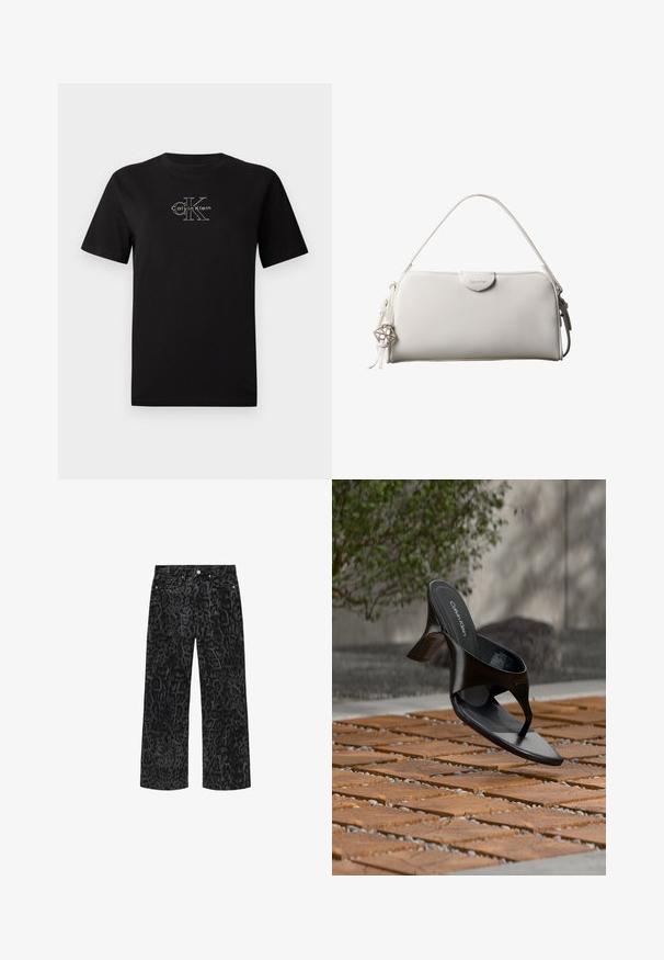 Μαύρο κοντομάνικο T-shirt με λευκό λογότυπο Calvin Klein "cK" στο κέντρο στο στήθος, σε απλό φόντο.; Μαύρο τζιν με φαρδύ πόδι και σκούρο γκρι λεοπάρ μοτίβο, μπροστινές τσέπες και κλείσιμο με κουμπί και φερμουάρ.; Μαύρο γυναικείο σανδάλι Calvin Klein με τακούνι και λουράκι δακτύλου που αιωρείται πάνω από πλακόστρωτη εξωτερική επιφάνεια με φυτά και τοίχο από σκυρόδεμα στο φόντο.; Λευκή ορθογώνια τσάντα Calvin Klein με μονό χερούλι, μίνιμαλ σχεδιασμό και διακοσμητικά φουντάκια με γεωμετρικό μεταλλικό γούρι στην πλευρά.