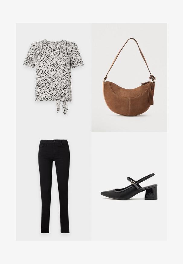 TOM TAILOR DENIM T-shirt print - beige/black; Zwarte denim skinny jeans met een lage taille, voorzakken en een knoopsluiting. Beschikt over een gladde textuur en een minimalistisch ontwerp.; Zwarte gepolijste leren slingback hakken met een spitse neus, een ronde uitsnede en een blokhak. Voorzien van een gouden gespaccent.; Bruine suède handtas met een gebogen, halve maanvorm. Voorzien van een schouderriem, een klein label en zichtbare stiksels langs de randen.