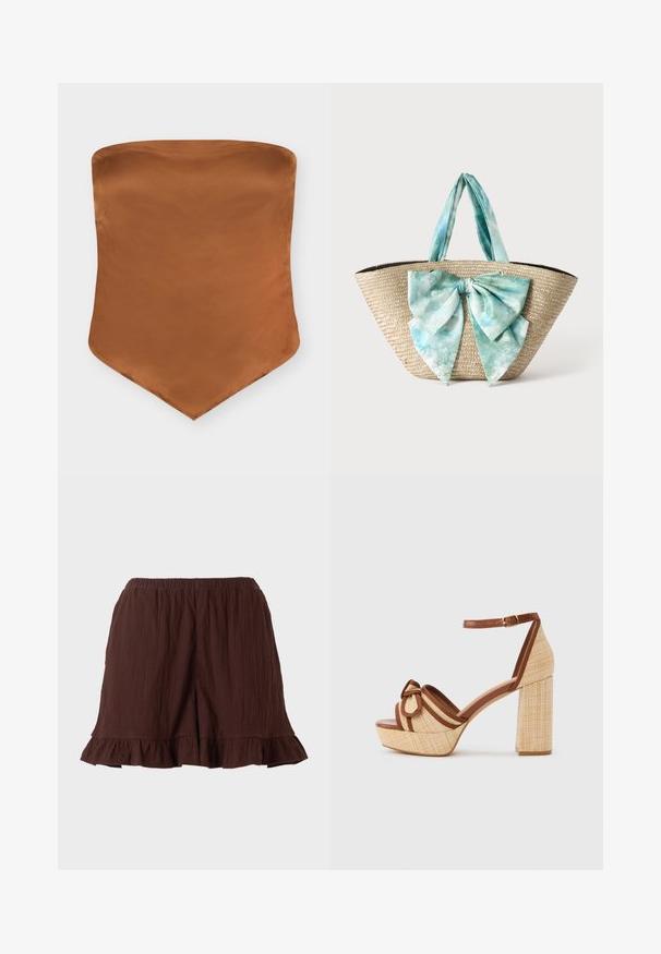 Haut bustier en satin marron avec un ourlet pointu et un design simple et lisse sur fond blanc.; Shorts en tissu brun texturé avec ceinture élastique et ourlets volantés sur un fond uni clair.; Sandale à plateforme tissée beige avec talon bloc épais, garniture marron, bride de cheville avec boucle et nœud décoratif sur la bride avant.; Sac cabas en paille tressée avec de larges anses en tissu tie-dye bleu clair et blanc et un grand nœud assorti en tissu à l'avant.