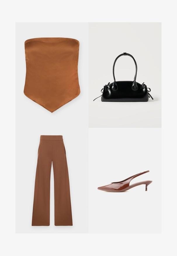 Brun satin stropløs top med spids kant og enkelt, glat design på hvid baggrund.; Brune bukser med bred benvidde fremstillet af et glat, strækbart stof. De har en høj talje og sidelommer, designet til en afslappet pasform.; Blank brun slingback kitten heel med spids tå og lav, slank hæl på hvid baggrund.; Lille sort blank håndtaske med to lange håndtag og snøre-detaljer i siden på en ensfarvet lys baggrund.