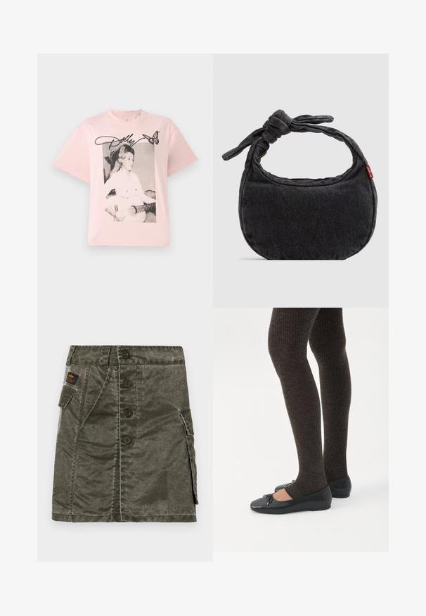 Roze katoenen t-shirt met een zwart-wit afbeelding van een vrouw met een gitaar, versierd met de naam "Dolly" in een scriptlettertype en een vlinder.; Olijfgroene rok met knopen aan de voorkant, gemaakt van gestructureerde stof, met een zijzak en stikdetails. Regular fit, knielange ontwerp.; Benen met donkere geribbelde leggings gecombineerd met zwarte ballerina's met kleine strikdetails op een witte achtergrond.; Kleine zwarte denim schoudertas met een gestrikte riem en ritssluiting, met een rood Levi's stoffen label aan de zijkant.