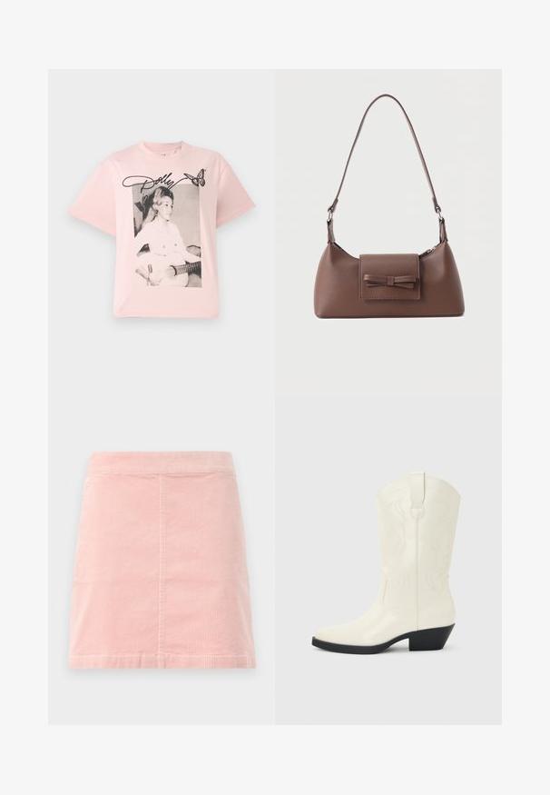 Camiseta de algodón rosa con un gráfico en blanco y negro de una mujer con una guitarra, acentuada con el nombre "Dolly" en cursiva y una mariposa.; Mini falda de pana rosa con una cintura ajustada y textura de costillas verticales. El dobladillo es recto y presenta un diseño simple sin decoraciones.; Bota blanca de estilo occidental hasta la mitad de la pantorrilla, con punta puntiaguda, tacón apilado negro, costuras decorativas y tira para tirar en el eje.; Bolso bandolera de cuero marrón con un bolsillo frontal de solapa que presenta un detalle de moño cosido y una correa ajustable.