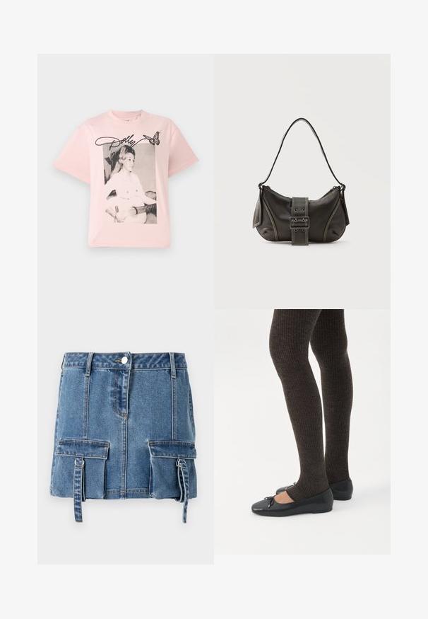 Roze katoenen t-shirt met een zwart-wit afbeelding van een vrouw met een gitaar, versierd met de naam "Dolly" in een scriptlettertype en een vlinder.; Lichtblauwe denim minirok met een hoge taille, voorste knoopsluiting en twee voorzakken met verstelbare bandjes.; Benen met donkere geribbelde leggings gecombineerd met zwarte ballerina's met kleine strikdetails op een witte achtergrond.; Zwarte leren schoudertas met gespsluiting aan de riem, afgeronde hoeken en contrasterende witte stiksels op een effen achtergrond.