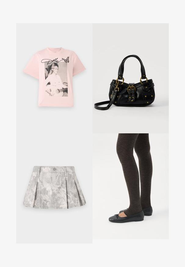 Lyserød bomulds T-shirt med et sort-hvidt grafik af en kvinde med en guitar, accentueret med navnet "Dolly" i skråskrift og en sommerfugl.; Grå denimnederdel med plisseringer, med et subtilt bladmønster i lysere nuancer. Klassisk snit med taljebånd og metalknaplukning.; Ben iført mørke ribbede leggings kombineret med sorte balletsko med små sløjfedetaljer på hvid baggrund.; Sort læderhåndtaske med guldbælge og nitdetaljer, korte håndtag og en justerbar skulderrem på en ensfarvet hvid baggrund.