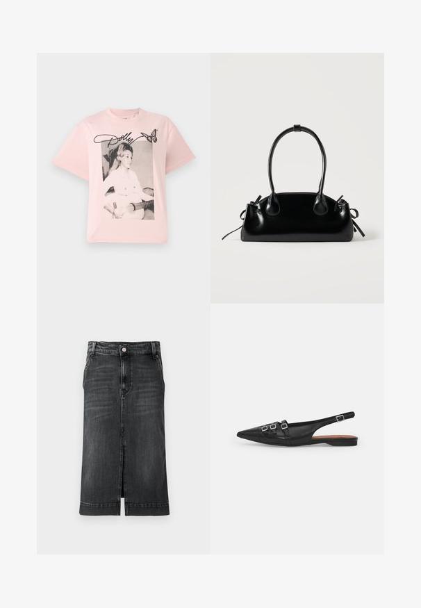 Roze katoenen t-shirt met een zwart-wit afbeelding van een vrouw met een gitaar, versierd met de naam "Dolly" in een scriptlettertype en een vlinder.; Donkerdenim rok met een rechte snit, knielang, met een split aan de voorkant en een klassiek vijf-pocket ontwerp. Heeft een knoopsluiting en riemlussen.; Zwarte leren slingback ballerina met spitse neus, voorzien van twee horizontale bandjes en vierkante zilveren gespen, lage hak en een gladde textuur.; Kleine zwarte glanzende handtas met twee lange hengsels en zijkant trekkoord details op een effen lichte achtergrond.