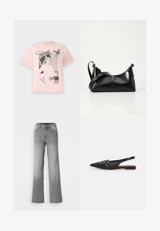 Rosa Baumwoll-T-Shirt mit einem schwarz-weißen Grafikbild einer Frau mit einer Gitarre, ergänzt durch den Namen "Dolly" in Schreibschrift und einem Schmetterling.; Hochtaillierte graue Denim-Jeans mit geradem Bein, Frontknopf und Reißverschluss, Vorder- und Gesäßtaschen sowie ausgewaschenen Schattierungen an Oberschenkeln und Waden.; Schwarze Leder-Slingback-Ballerina mit spitzem Zeh, ausgestattet mit zwei horizontalen Riemen und quadratischen silbernen Schnallen, mit flachem Absatz und glatter Oberfläche.; Schwarze lederne Handtasche mit glatter Textur. Verfügt über einen verstellbaren Riemen und ein elegantes, minimalistisches Design mit einem Reißverschluss.