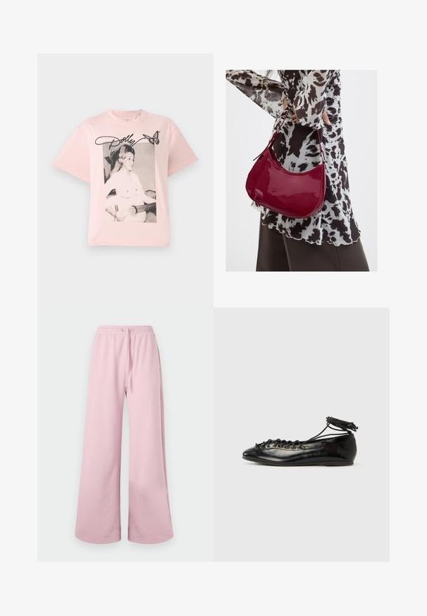 T-shirt en coton rose avec un graphisme noir et blanc représentant une femme avec une guitare, accentué par le nom "Dolly" en écriture cursive et un papillon.; Pantalons larges de couleur rose clair avec une taille élastique et des détails de cordon, présentés sur un fond neutre.; Ballerines en cuir verni noir avec un bout rond, un design à lacets et une semelle plate. Texture lisse avec peu de détails.; Femme portant un chemisier à motif noir et blanc tenant un sac à main rouge brillant sur un fond uni.
