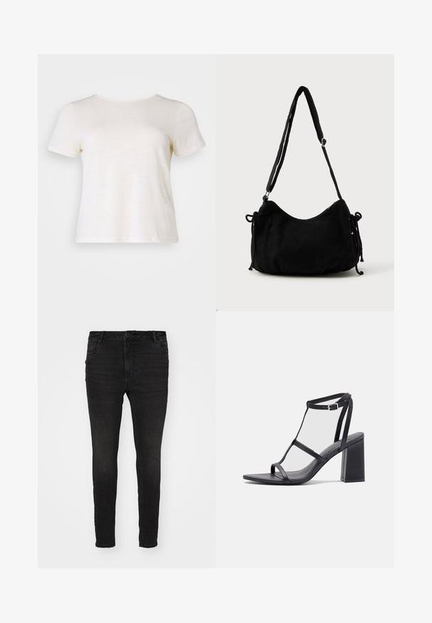 Cremefarbene Kurzarm-T-Shirt mit rundem Ausschnitt, aus weichem Stoff gefertigt, mit glatter Textur und entspannter Passform.; Vero Moda Curve Skinny fit VMCFLASH Mid rise - Jeans Skinny Fit - black denim; Schwarze Absatzsandalen mit quadratischer Zehenpartie und Blockabsatz. Verfügt über dünne Riemen und eine verstellbare Knöchelchnalle. Glatte Lederoberfläche.; Schwarze Cordtasche mit geschwungener Form, verstellbarem Schultergurt und Kordelzugverschlüssen an beiden Seiten zur Größenanpassung.