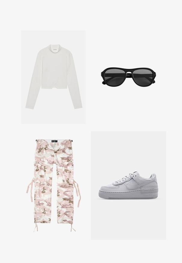 Top blanco de manga larga con un alto cuello, que presenta un diseño de costura diagonal y un dobladillo cropped. Tejido suave con una textura lisa.; Pantalones cargo de camuflaje en tonos rosas y beiges, de material de algodón, que cuentan con varios bolsillos y cordones de ajuste en los puños.; Zapatilla Nike Air Force 1 gris con puntera perforada, parte superior de cuero suave, suela gruesa y detalle en relieve 'AIR' en el talón.; Gafas de sol con montura de plástico negra, lentes tintadas oscuras y puente estrecho, mostradas de frente sobre un fondo blanco.