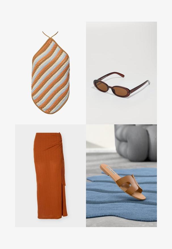 SOMETHINGNEW BEYONCE HAULTER SCARF - Topper - desert sun; Lang rustfarget skjørt med rysjedetaljer på siden og knytedetalj, laget av lett, teksturert stoff.; Brun flat sandal med utskjæringsdesign, laget av glatt materiale. Har en lys tan-såle og en etikett på innersålen.; Runde, brune solbriller med en blank burgunderfarvet ramme. Slanke arme med subtile brandingdetaljer. Flad linse design.