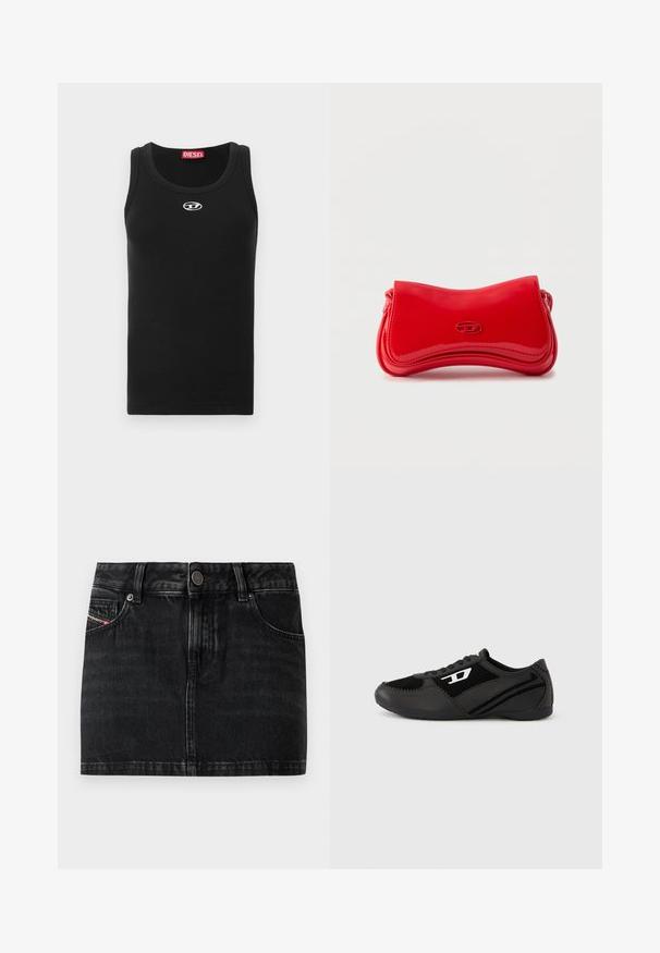 Débardeur noir en tissu de coton avec encolure ronde, design sans manches, et petit logo blanc sur la poitrine.; Mini-jupe en jean noire avec bouton à l'avant, passants de ceinture, deux poches avant et une petite étiquette de marque sur la poche droite.; Chaussures de sport noires avec tige en daim et synthétique, dotées d'un design texturé, d'un bout arrondi et d'une semelle plate. Accent logo argenté sur le côté.; Sac à main rouge brillant aux courbes douces avec un petit logo ovale sur le devant, présenté sur un fond clair uni.