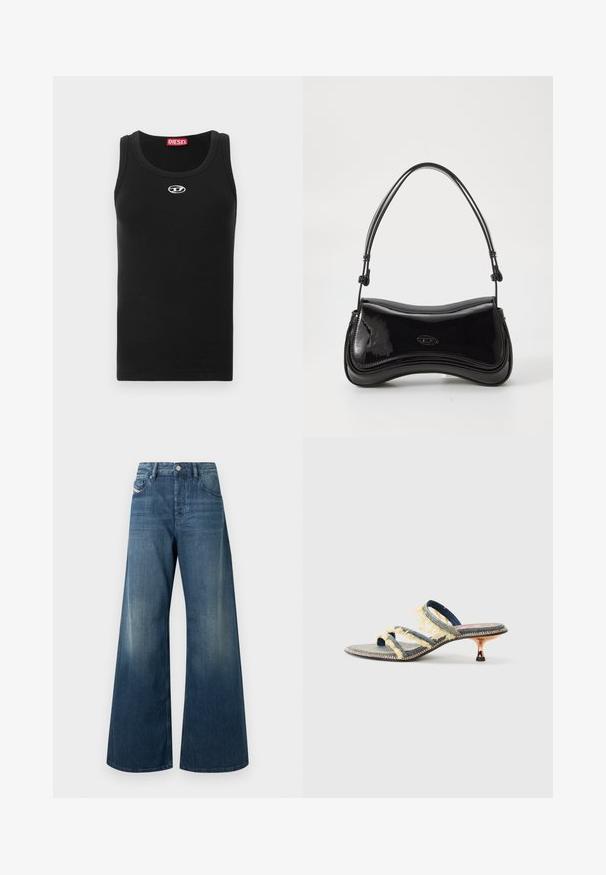 Must puuvillane tank top, millel on ümmargune kaelus, varrukateta disain ja väike valge logo rinnapiirkonnas.; Laiade säärega teksad tumedas sinises denimis, millel on tuhmunud viimistlus, traditsiooniline viiepõhjaline tasku disain ja metallist nööp vöökohal.; Denim liblikasandaal kolme kollase purustatud rihmaga, kergelt terava varbaga ja metallik väikese kontsaga. Tasane tald dekoratiivse õmblusega.; Must musta nahk käekott, millel on kumer kuju, üks käepide ja ümardatud põhi. Ees on peen logo detail.