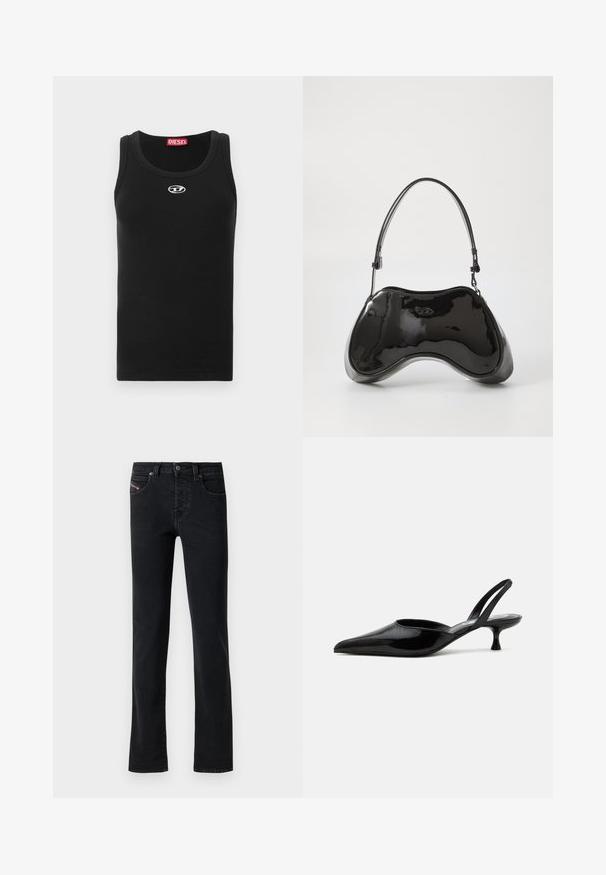 Camiseta sin mangas negra de tela de algodón con cuello redondo, diseño sin mangas y un pequeño logo blanco en la zona del pecho.; Vaqueros de mezclilla negros con corte recto, que cuentan con cinco bolsillos y detalles de costura sutiles. La tela tiene una textura suave y un desvanecimiento mínimo.; Zapato slingback de tacón bajo tipo kitten en charol negro con puntera puntiaguda y tacón bajo curvado sobre fondo claro y liso.; Bolso de mano de piel sintética negra con un diseño curvado único, asas cortas y ajustables, y abertura con cremallera en la parte superior. Textura suave con una sutil marca.