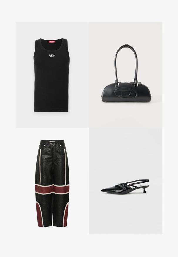 Sort tanktop lavet af bomuldsstof med rund halsudskæring, ærmeløs design og lille hvidt logo på brystområdet.; Sorte vide læderbukser med hvide lodrette striber og vandrette maroon vatterede paneler over knæene og på de nederste ben.; Sort laklæder slingback-sko med spids tå, lille blokhæl og justerbar rem med udskæringsdetaljer og logoaccenter.; Sort læderhåndtaske med lange dobbelte håndtag og præget ovalt logo foran, vist mod en ensartet lys baggrund.