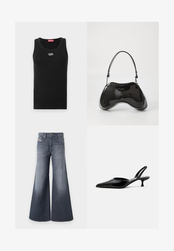 Débardeur noir en tissu de coton avec encolure ronde, design sans manches, et petit logo blanc sur la poitrine.; Jean denim gris foncé à jambes larges avec poches avant, passants pour ceinture, et fermeture par bouton, présentant des détails subtils délavés sur les cuisses.; Chaussure slingback à talon kitten en cuir verni noir avec bout pointu et talon bas incurvé sur fond clair uni.; Sac à main en cuir verni noir avec une forme incurvée unique, une anse courte et ajustable, et une fermeture zippée. Texture lisse avec un branding discret.