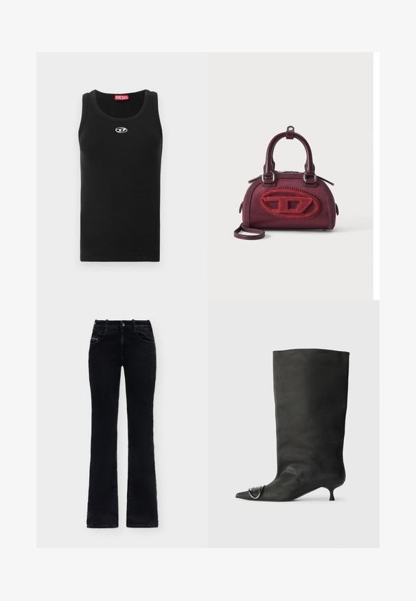 Débardeur noir en tissu de coton avec encolure ronde, design sans manches, et petit logo blanc sur la poitrine.; Jean noir taille haute avec cinq poches, fermeture par bouton et jambes légèrement évasées, présenté sur un fond clair uni.; Bottines en cuir noir à bout pointu, petite talon et détail métallique sur le bout. Texture lisse et mate partout.; Petit sac à main bordeaux à forme arrondie, avec double poignée et grand logo ovale rouge texturé sur le devant, sur fond uni.