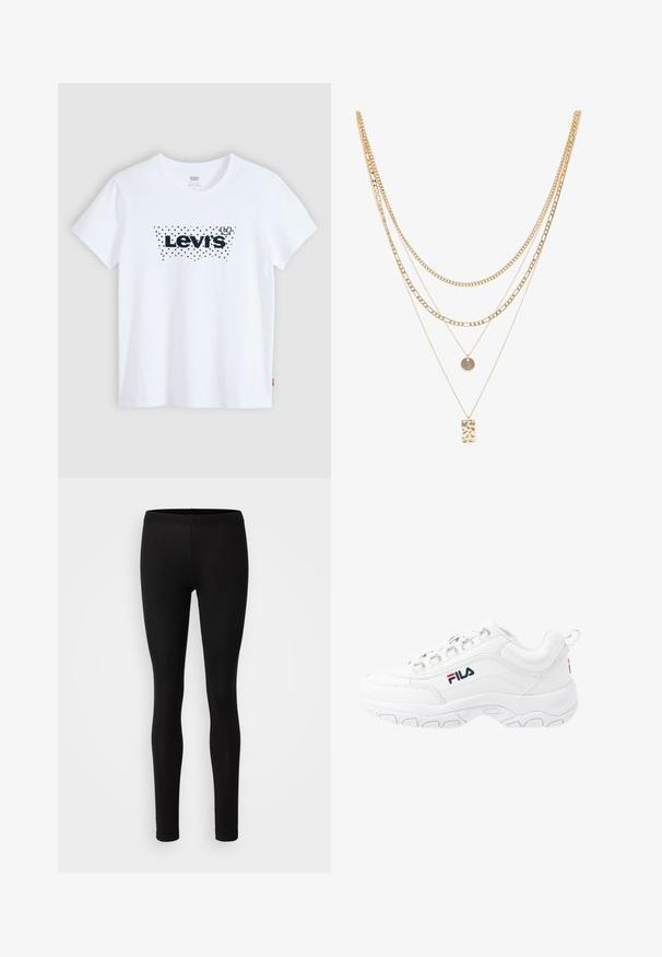 Hvid kortærmet Levi's T-shirt med sort polkaprikket logo centreret på brystet mod en lysegrå baggrund.; Sorte leggings lavet af et blødt, strækbart stof. De har en tætsiddende pasform med elastisk talje og en glat, mat overflade.; Hvide atletiske sneakers med en glat læderoverdel, der har en tekstureret gummisål, metaløjer og et kontrastlogo på siden.; Guld multi-lag kæde med forskellige kædestilarter, herunder chunky led og fine kæder, med cirkulære og rektangulære vedhæng.