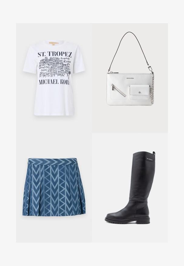 Hvid T-shirt med sort skitse af bygninger i St. Tropez, tekst "ST. TROPEZ," "Franske Riviera," "Profiter Soleil" og "MICHAEL KORS" logo.; Blåt plisseret skørt med et geometrisk chevronmønster i lysere blå toner, med en kropsnær talje.; Høj sort læderstøvle med lav blokhæl, skridsikker sål og et lille rektangulært mærke nær toppen med brandnavnet.; Hvid læderhåndtaske med aftagelig sort rem, forreste lynlåslomme og lille sølvfarvet lomme med kædedetalje.