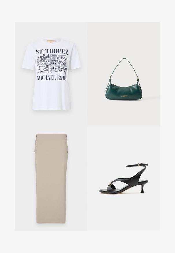 Valge T-särk musta joonistusega St. Tropezi hoonetest, tekstid "ST. TROPEZ", "French Riviera", "Profiter Soleil" ja "MICHAEL KORS" logo.; Bež seelik, mis on valmistatud siledast kangast, millel on külgedel nupud, voolujooneline siluett ning nähtamatud taskud ja mustrid.; Mustast nahast naiste sandaal käänulise madala kontsaga, ristioluliste rihmade ja reguleeritava pahkluu rihmaga, millel on väike kuldne pandla.; Tume roheline nahast õlakott ühe rihmaga, kuldse tõmblukuga ja kuldse "Love Moschino" logosümboliga esiküljel keskel.