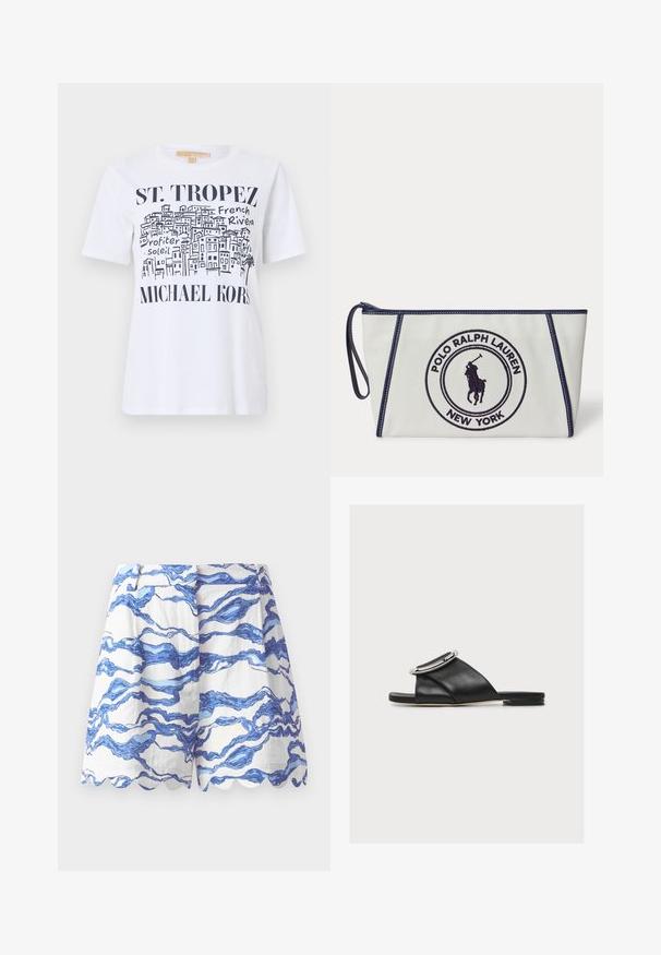 Valge T-särk musta joonistusega St. Tropezi hoonetest, tekstid "ST. TROPEZ", "French Riviera", "Profiter Soleil" ja "MICHAEL KORS" logo.; Valged lühikesed püksid sinise laine mustriga, laineline alläär, kerge kangas, volditud esiosa ja mugav lõike. Sobivad igapäevaseks kandmiseks.; Must mustavärviline lame libisev sandaal laia nahast rihma ja suure hõbedase pandlaga lihtsal heledal taustal.; Valge ristkülikukujuline randmekott mereväeäärisega ja Polo Ralph Laureni New Yorki logo, millel on mereväe niidiga tikkitud ratsutav polomängija.