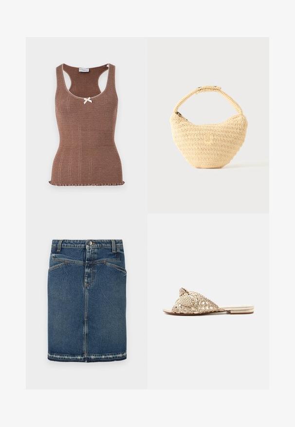 Pruun ribaga tank top valge ääristuse ja väikese lipsu keskel. Omab sobivat lõiget ja lainelise äärega hemmi.; Denim seelik, millel on klassikaline sinine pesu, viie tasku disain ja rebenev äär. Sulgeb ees oleva nööbi ja tõmblukuga.; Lamedad liug sandaal laia punutud beeži rihmadega, mis ristuvad üle jalalaba ning madala virnastatud kontsaga valgel taustal.; Beežist kootud käekott ümarate servadega, lukuga ja lühikese, paksu rihmaga, lihtsas tekstureeritud heegeldatud stiilis.