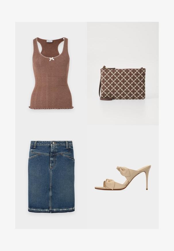 Bruine geribbelde tanktop met witte bies en een strikje in het midden. Heeft een aansluitend ontwerp en een gegolfde zoom.; Denimrok met een klassieke blauwe wassing, vijfzakkenontwerp en rafelige zoom. Sluit met een knoop en ritssluiting aan de voorkant.; Beige open-toe hoge hak mule sandaal met twee gedraaide knoopbanden en een smalle naaldhak op witte achtergrond.; Bruine clutch tas met een geometrisch patroon in lichtbeige, voorzien van een ritssluiting en een verstelbare bruine schouderband.