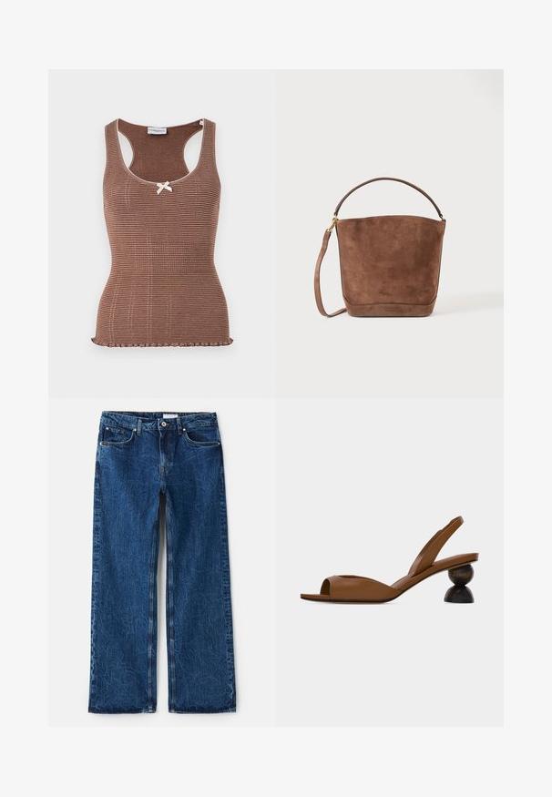 Débardeur marron à côtes avec bord blanc et un petit nœud au centre. Présente un design ajusté et un ourlet en forme de vagues.; Jean large en denim bleu foncé avec une finition texturée, comportant cinq poches, des rivets en métal et une fermeture à bouton.; Sandale marron à bout ouvert avec bride arrière, dotée d'un talon en bois rond distinctif en deux parties sur un fond clair uni.; Sac seau en daim marron avec un dessus arrondi, une anse courte unique et une longue bandoulière amovible sur un fond uni.