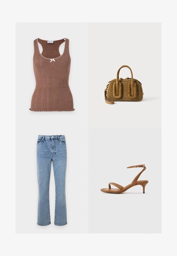 Brun ribbet tanktop med hvid kant og en lille sløjfe i midten. Har et tætsiddende design og en bølget kant.; Lyseblå jeans i denimmateriale med høj talje, flagrende benform, fem-lomme design og kontrastsyninger.; Brun læder sandal med stropper, lav kittenhæl og en ankelrem med en lille spænde, vist fra siden på en ensfarvet baggrund.; Brun ruskindtaske med runde håndtag og aftagelig skulderrem på hvid baggrund.