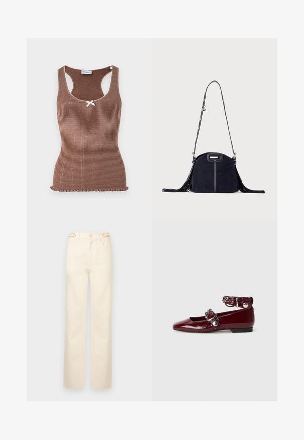 Pruun ribaga tank top valge ääristuse ja väikese lipsu keskel. Omab sobivat lõiget ja lainelise äärega hemmi.; Rabanne Sirgete säärtega teksad - off white denim; Bordoo värvi patendi kunstnahast lapikud kingad, millel on terav nina, pahkluu rihm koos hõbedase pandlaga ja madal konts. Ühtlane sile tekstuur.; Tume sinine seemisnahast käekott valgete õmblustega, väljalõigatud käepide, mustriline õlarihm ja pikad tuttides ääred mõlemal küljel.