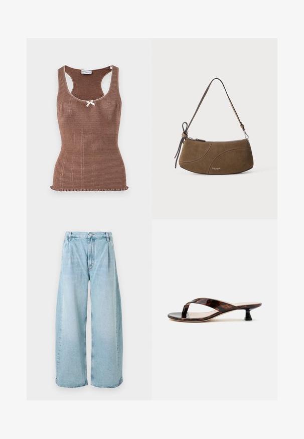 Bruine geribbelde tanktop met witte bies en een strikje in het midden. Heeft een aansluitend ontwerp en een gegolfde zoom.; Lichtblauwe denimbroek met wijde pijpen, met plooien aan de voorkant, een knoopsluiting en rechte zoom, met een vervaagde textuur doorheen.; Bruine schildpad kitten hak sandaal met teenslipperriem en vierkante neus op een effen lichte achtergrond.; Bruine suède schoudertas met een korte band, ritssluiting en subtiele gebogen stikseldetails.