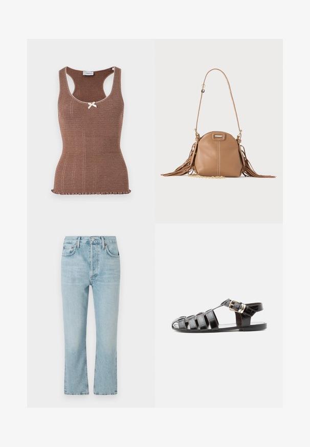Brun ribbet tanktop med hvid kant og en lille sløjfe i midten. Har et tætsiddende design og en bølget kant.; Lysblå denimjeans med lige ben-design, der har fem lommer, knaplukning og en falmet tekstur. Kanterne er pænt syet.; Sort læderfiskersandal med åben tå, flere stropper og guldspænde på flad sål, vist fra siden.; Lille tanfarvet læder skuldertaske med lang rem, guldkæde detalje og frynser på begge sider mod en neutral baggrund.