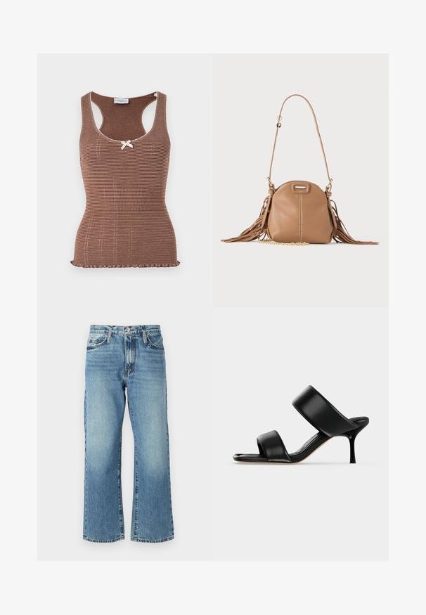 Débardeur marron à côtes avec bord blanc et un petit nœud au centre. Présente un design ajusté et un ourlet en forme de vagues.; Jeans en denim bleu clair avec une coupe large, cinq poches et une fermeture à bouton. Le tissu présente un léger délavage et une texture classique.; Sandale mule en cuir noir avec deux larges brides et un talon stiletto fin de hauteur moyenne sur un fond clair uni.; Petit sac à bandoulière en cuir fauve avec longue bandoulière, détail chaîne dorée et franges des deux côtés sur un fond neutre.