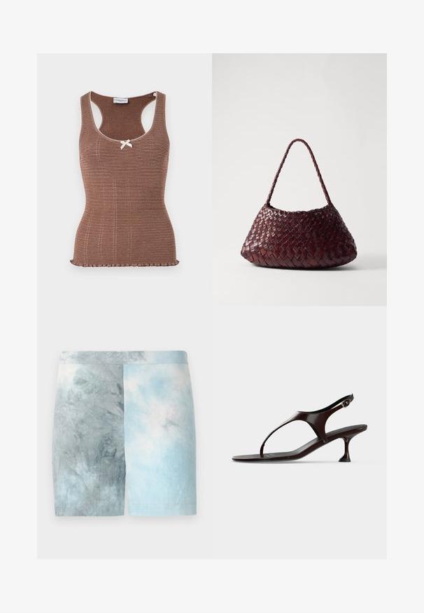 Débardeur marron à côtes avec bord blanc et un petit nœud au centre. Présente un design ajusté et un ourlet en forme de vagues.; Shorts en patchwork de couleurs présentant un dégradé de nuances de bleu clair et de gris. Fabriqués en tissu doux avec une texture lisse et une ceinture.; Sandale slingback en cuir verni marron foncé avec petit talon et bride entre les orteils sur fond blanc.; DRAGON DIFFUSION ROSANNA - Sac à main - bruciato