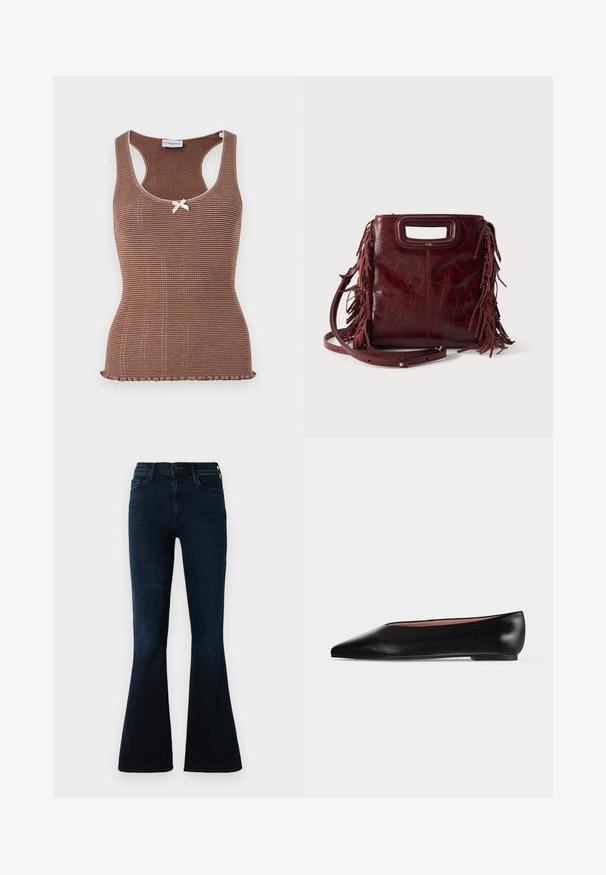 Brun ribbet tanktop med hvid kant og en lille sløjfe i midten. Har et tætsiddende design og en bølget kant.; Mørkeblå flare jeans lavet af denim, med høj talje, standard lommer og subtil falmende på stoffet.; Sort damesko i læder med flad hæl og spids tå, vist fra siden på en ensfarvet lys grå baggrund.; Firkantet burgunderfarvet læderhåndtaske med udskåret håndtag, sideskvaster og justerbar skulderrem på ensfarvet baggrund.
