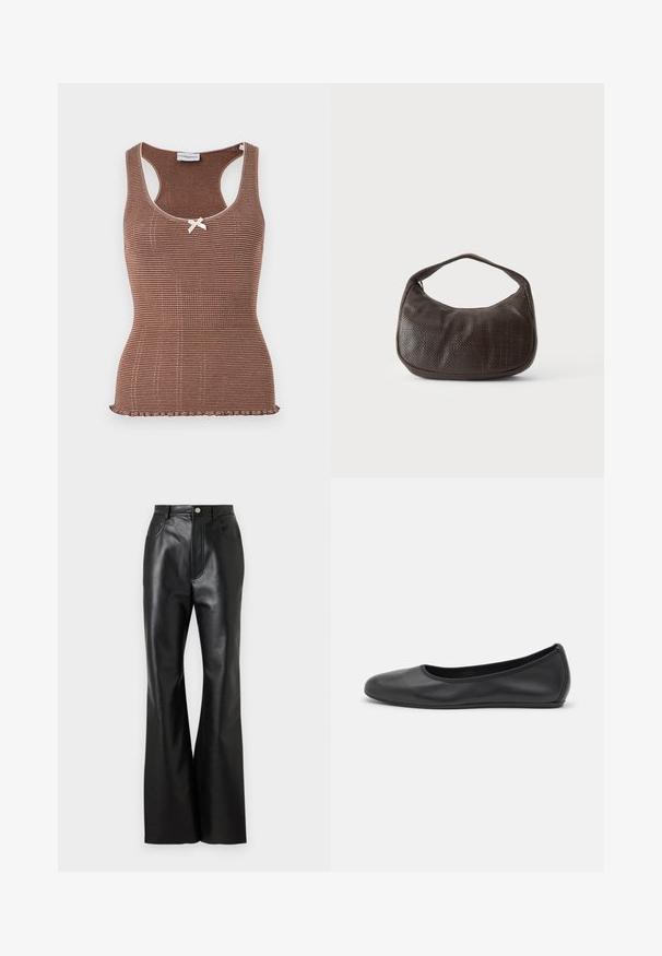 Débardeur marron à côtes avec bord blanc et un petit nœud au centre. Présente un design ajusté et un ourlet en forme de vagues.; Pantalons évasés en cuir noir avec une finition soignée, poches avant et couture contrastante. Comprend une fermeture à bouton et une taille structurée.; Ballerines en cuir noir avec un bout rond, texture lisse, détails de couture minimalistes et design de semelle flexible.; Petit sac à main marron foncé texturé avec une courte bandoulière et un fond arrondi sur un fond clair uni.