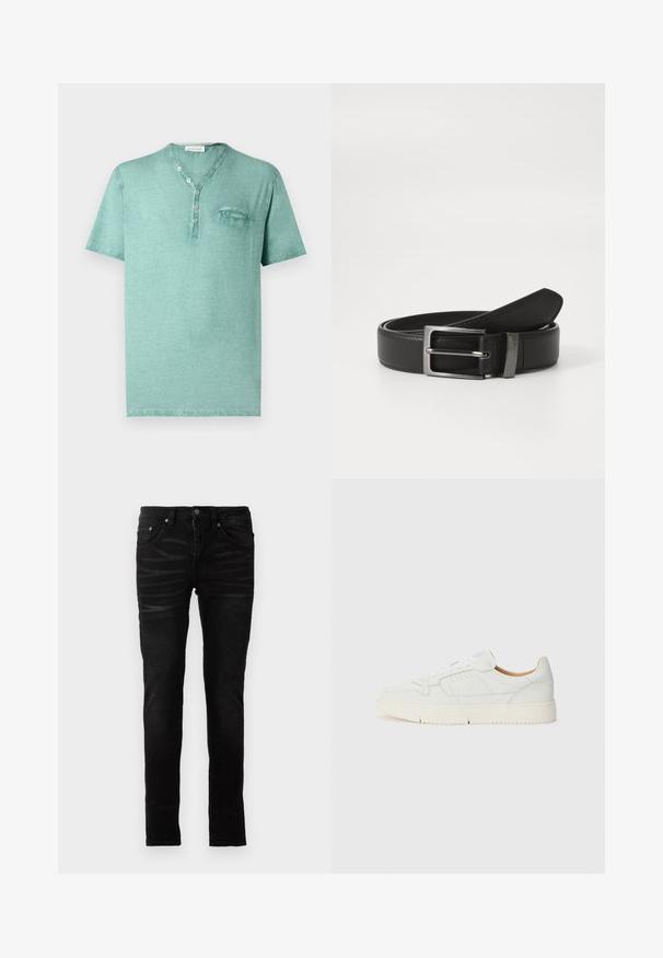 Grünes Henley-Herrenhemd mit kurzen Ärmeln, V-Ausschnitt, vier Knöpfen und einer kleinen Brusttasche vor neutralem Hintergrund.; Schwarze Skinny-Jeans mit einer glatten Denim-Oberfläche, traditionellem Fünf-Taschen-Design, Reißverschluss und dezenten Ausbleichungen auf dem Stoff.; Weiße Ledersneaker mit strukturiertem Oberflächenmaterial, abgerundeter Zehenpartie und perforierten Details. Ausgestattet mit weißen Schnürsenkeln und einer hellbeigen Gummisohle.; Schwarzer Ledergürtel mit einer silbernen Metallschnalle, der eine glatte Oberfläche und ein klassisches Design aufweist. Der Gürtel ist ordentlich gefaltet.