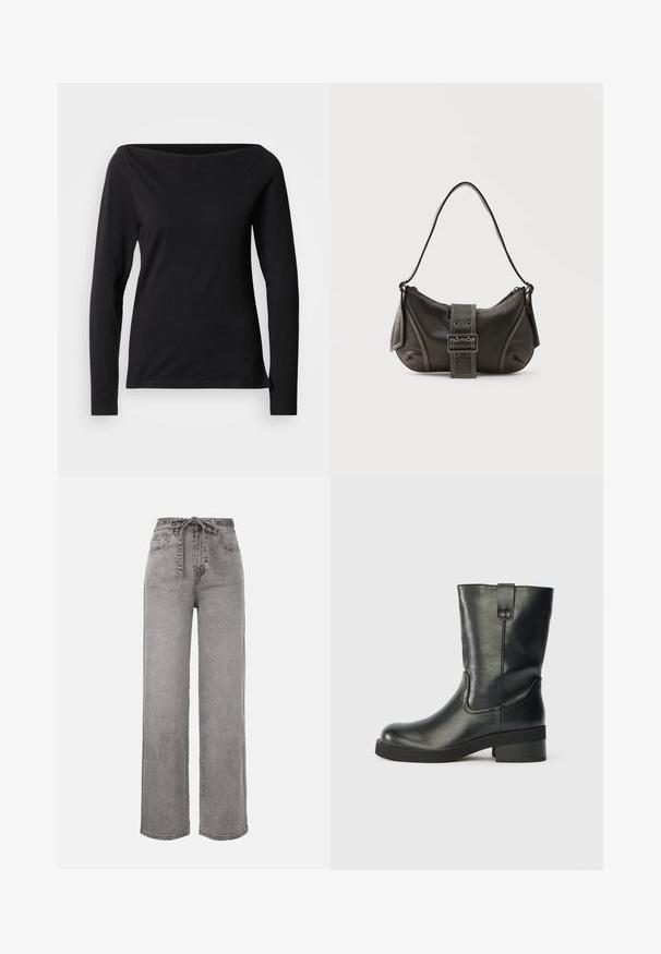 Haut noir à manches longues avec un large décolleté bateau, fabriqué en tissu lisse et extensible, présentant une coupe ajustée et un design minimaliste.; Jean denim gris à taille haute, coupe large, avec une ceinture en tissu nouée à l'avant et des poches avant.; Botte en cuir noire mi-mollet avec un petit talon, bout rond et une languette sur le côté, sur un fond uni.; Sac à épaule en cuir noir avec une sangle à boucle, des bords arrondis et des coutures blanches contrastées sur un fond uni.