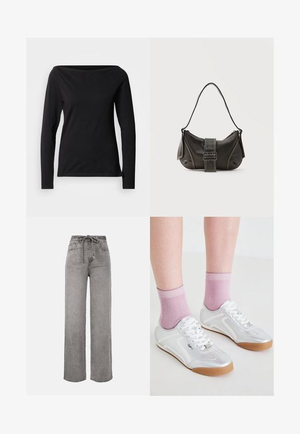 Haut noir à manches longues avec un large décolleté bateau, fabriqué en tissu lisse et extensible, présentant une coupe ajustée et un design minimaliste.; Jean denim gris à taille haute, coupe large, avec une ceinture en tissu nouée à l'avant et des poches avant.; Baskets sportives argentées avec des accents blancs et des semelles en caoutchouc caramel, associées à des chaussettes roses côtelées, mettant en avant un design basse.; Sac à épaule en cuir noir avec une sangle à boucle, des bords arrondis et des coutures blanches contrastées sur un fond uni.