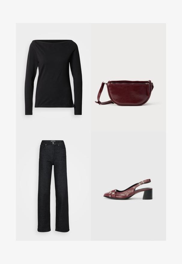 Schwarzes langärmliges Oberteil mit weitem U-Boot-Ausschnitt, aus glattem, elastischem Stoff, mit figurbetontem Schnitt und minimalistischem Design.; Weit geschnittene schwarze Denim-Jeans mit hoher Taille, mit einem Knopfverschluss vorne, fünf Taschen und einer glatten Textur.; Burgunderfarbene Leder-Slingback-Schuh mit runder Zehenpartie, geschwungenem Design, silbernen Hardware-Akzenten und Blockabsatz. Strukturierte Oberfläche.; Dunkelroter Lederhandtasche in halbmondförmiger Form mit Reißverschluss und abnehmbarem Tragegurt. Glatte Textur mit dezentem Glanz.