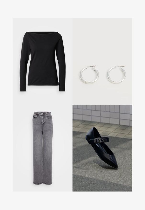 Sort langærmet top med en bred bådudskæring, lavet af glat, strækbart stof, med en tætsiddende pasform og minimalistisk design.; Grå højtaljede jeans med lige ben, knap- og lynlåslukning, fem lommer og en tekstureret denimfinish.; Sort spids flad sko med bred rem med dobbelt sølvspænde og øjer, placeret opret på asfalt nær flisebelagt væg.; Par mellemstore skinnende sølv hoops øreringe med tynde metal spænder på en lys neutral baggrund.