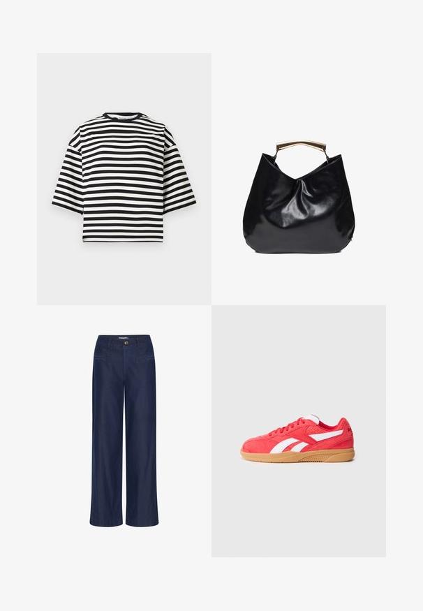 Sort og hvidstribet kortærmet cropped t-shirt med rund halsudskæring og afslappet pasform, lavet af glat bomuldsstof.; ICHI IHFlared - Flared jeans - dark blue; Røde suede sneakers med hvide detaljer og en gummisål. Har perforerede detaljer og flade snørebånd. Lavprofil design.; Sort skinnende læderhåndtaske med et buet, gyldent metalhåndtag, blødt slapt design og enkelt, ubesmykket udseende.