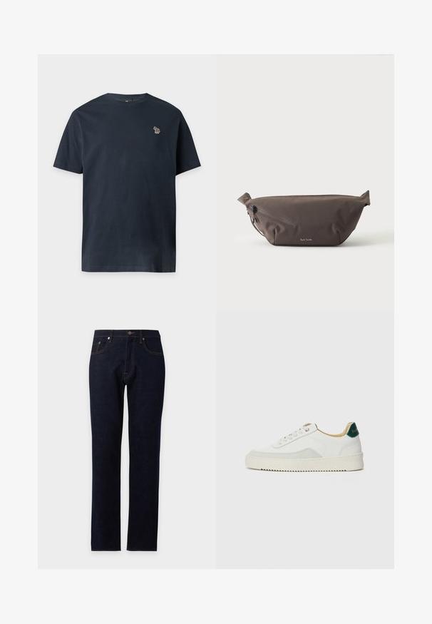 T-shirt bleu marine à manches courtes et col rond avec un petit emblème zèbre multicolore sur la poitrine gauche.; Jean bleu foncé à jambe droite avec bouton devant, fermeture éclair et design cinq poches sur un fond uni clair.; Baskets blanches avec des accents en daim, bout arrondi, lacets plats et semelle en caoutchouc crème. Présente une marque verte sur le talon.; Sac banane en tissu marron foncé avec poche zippée en diagonale et petit logo blanc sur le devant, sur un fond clair uni.