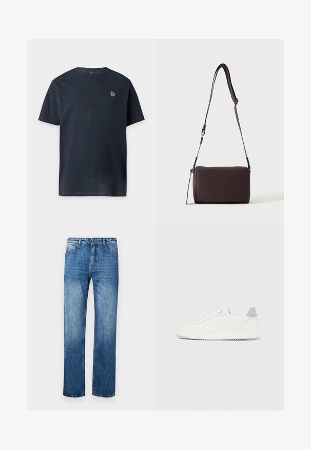 Mørkeblå T-shirt med kortærmer og rund halsudskæring med en lille flerfarvet zebraemblem på venstre bryst.; Blå denim jeans med lige fit, der har fem lommer, bæltestropper og subtilt slid på stoffet.; Hvid lavtop-sneaker med gråt hælflig, hvide snørebånd og tekstureret sål, vist på en ensfarvet lys baggrund.; Mørkebrun textured læder crossbody taske med justerbar rem og lille dekorativ blå accent på siden.