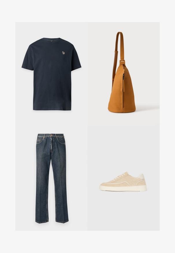 Marineblauses Kurzarm-T-Shirt mit Rundhalsausschnitt und kleinem mehrfarbigem Zebra-Emblem auf der linken Brust.; Dunkelblaue, gerade Jeans aus Denim mit vorderem Knopf, Reißverschluss, doppelten vorderen Taschen und sichtbaren vertikalen Falten entlang der Beine.; Beige Wildlederschuh mit weißer Sohle und Schnürsenkeln, niedrig geschnittenes Design und Zickzackprofil auf der Sohle.; Hellbraune Leder-Umhängetasche mit verstellbarem Trageriemen und vertikaler Reißverschlusstasche, von der Seite vor hellem, einfarbigem Hintergrund gezeigt.