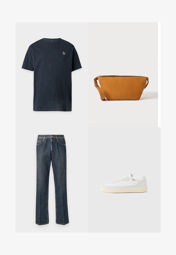 Marineblauses Kurzarm-T-Shirt mit Rundhalsausschnitt und kleinem mehrfarbigem Zebra-Emblem auf der linken Brust.; Dunkelblaue, gerade Jeans aus Denim mit vorderem Knopf, Reißverschluss, doppelten vorderen Taschen und sichtbaren vertikalen Falten entlang der Beine.; Weißer Sneaker mit strukturiertem Obermaterial aus Wildleder und Leder. Verfügt über eine runde Zehenpartie, Schnürverschluss und eine kontrastierende beige Gummisohle.; Hellbraune Leder-Umhängetasche mit verstellbarem Schulterriemen und Reißverschluss, vor einem schlichten hellen Hintergrund gezeigt.