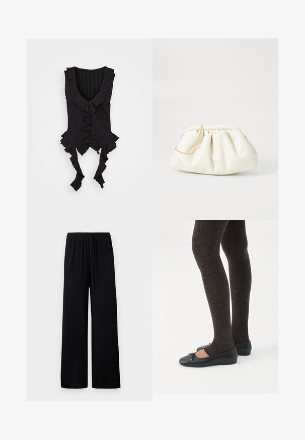 Haut sans manches noir avec un décolleté en V plongeant, présentant des bords froncés et des liens à l'ourlet. Tissu texturé avec un motif subtil.; Pantalons larges noirs avec une taille élastique et un cordon de serrage réglable. Tissu lisse sans motifs ni accents visibles.; Jambes portant des leggings côtelés foncés associés à des ballerines noires avec de petits détails en nœud sur fond blanc.; Sac à main en cuir blanc avec un design plissé, doté d'une bandoulière en chaîne dorée et d'une forme arrondie. Texture lisse avec des plis doux et sans motifs.